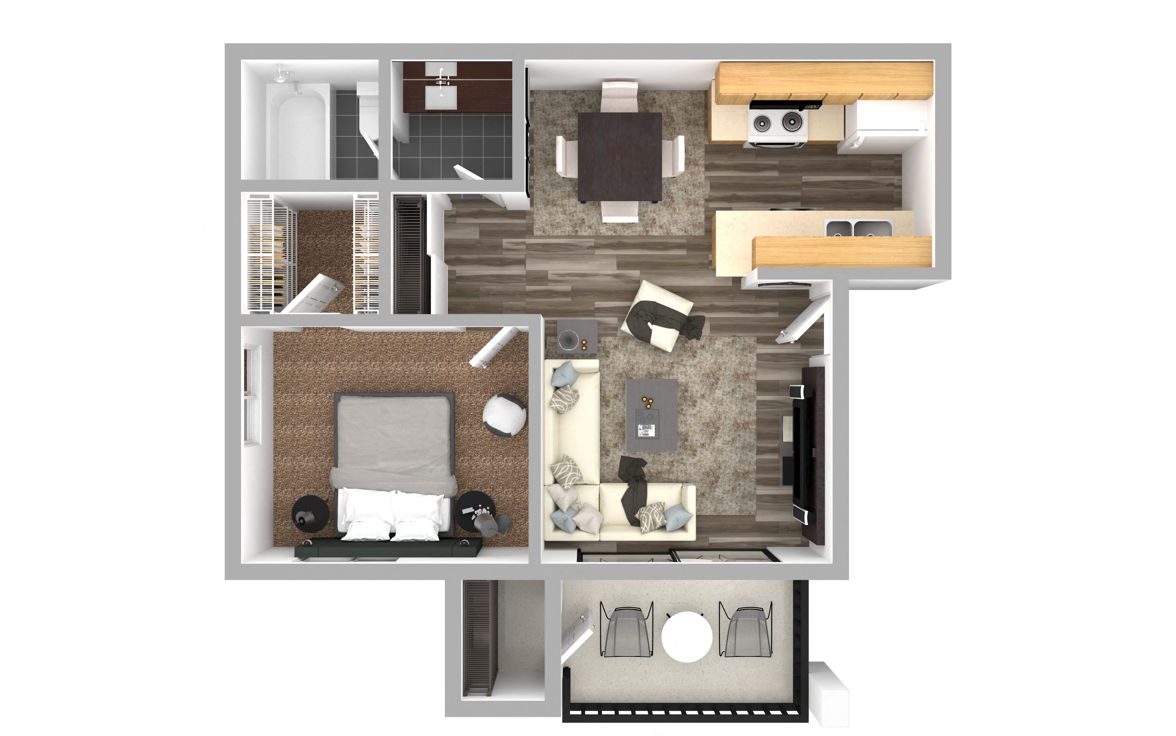 Floor plan for 1 bed, 1 bath, 568 sqft